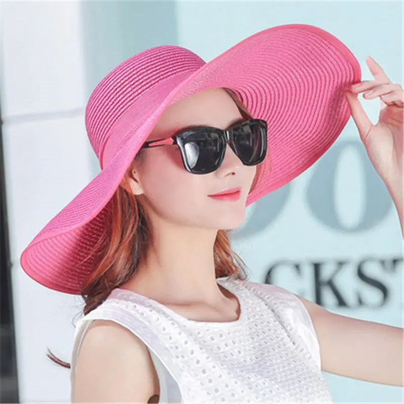 Горячая Распродажа, летние солнцезащитные шляпы для женщин с большими полями, с лентами, с бантом, шапочка для пляжа, Женская Солнцезащитная шляпа с защитой от ультрафиолета, Chapeu Feminino - Цвет: rose red
