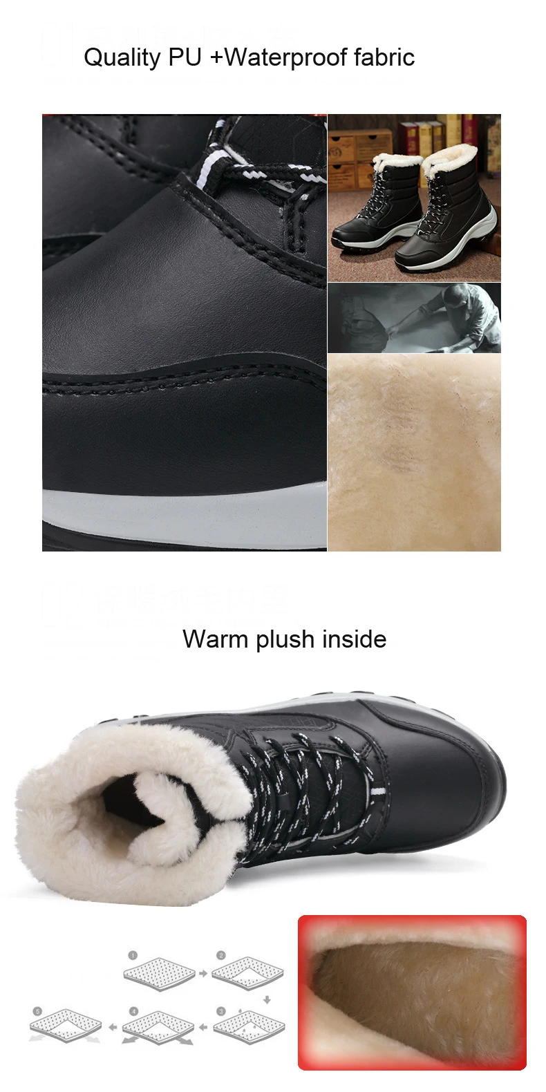 Женские зимние ботинки водонепроницаемые Нескользящие зимние ботинки женская зимняя обувь ботильоны на платформе с густым мехом Большие размеры 35-43