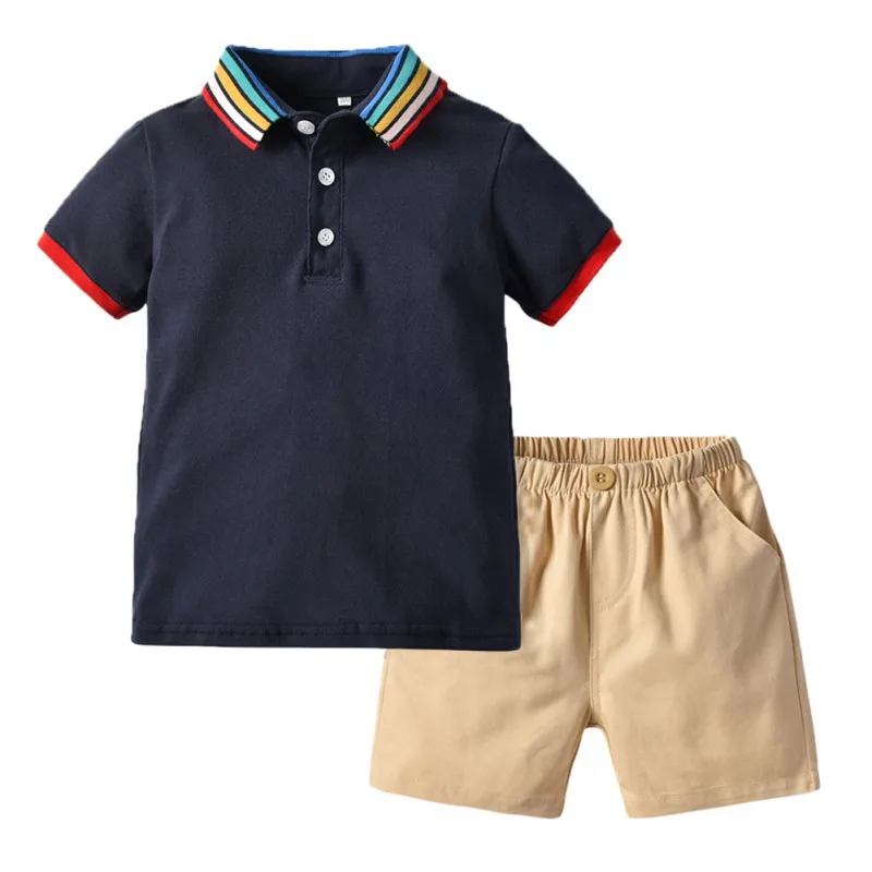 

Summer Baby Boy Clothes Gentleman Set Rainbow Stripe Printed Short Sleeve Shirt Blouse Shorts Casual Kid Clothes