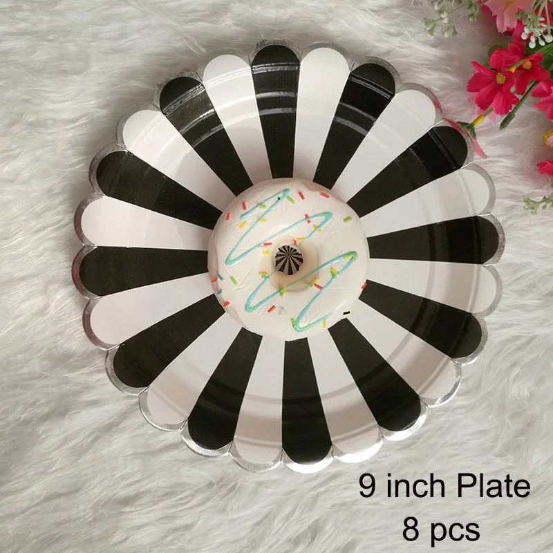 1 комплект творческий черный в полоску одноразовая посуда бумажная тарелка для праздника чашки подарок на вечеринку в честь рождения ребенка бумажные для дня рождения салфетки посуда - Цвет: 9 inch Plate 8pcs