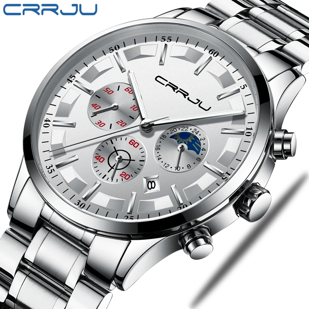 

Top Brand CRRJU New Men's Fashion Business Quartz Watches Men Sports Analog Chronograph Men Waterproof Clock Relogio Masculino