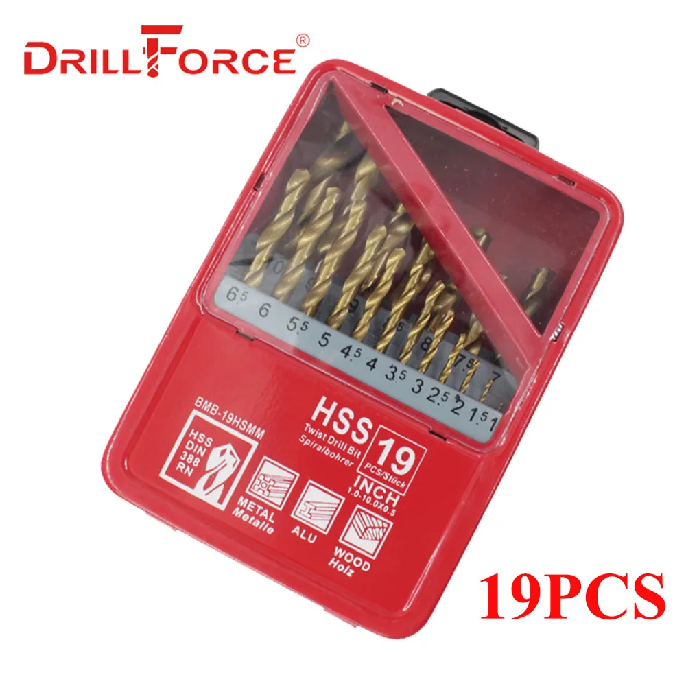 DRILLFORCE 13/19/25 шт. HSS M2 Титан покрытием алмазное сверло для деревообрабатывающий сверлильный биты 1,0~ 13 мм Мощность инструменты аксессуары - Цвет: 19PCS(1-10mm)