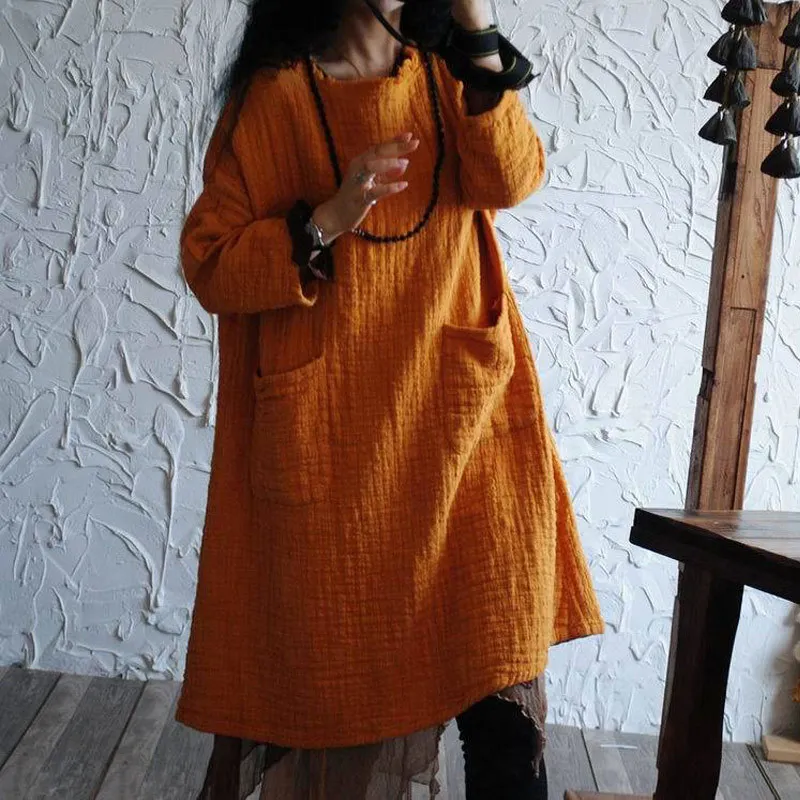 

ASYMSAY Women Retro Spring Autumn Warm Tunic Casual Double Layer Linen Mini Dress Tassels O-neck Plus Size Ladies Dresses AC3816