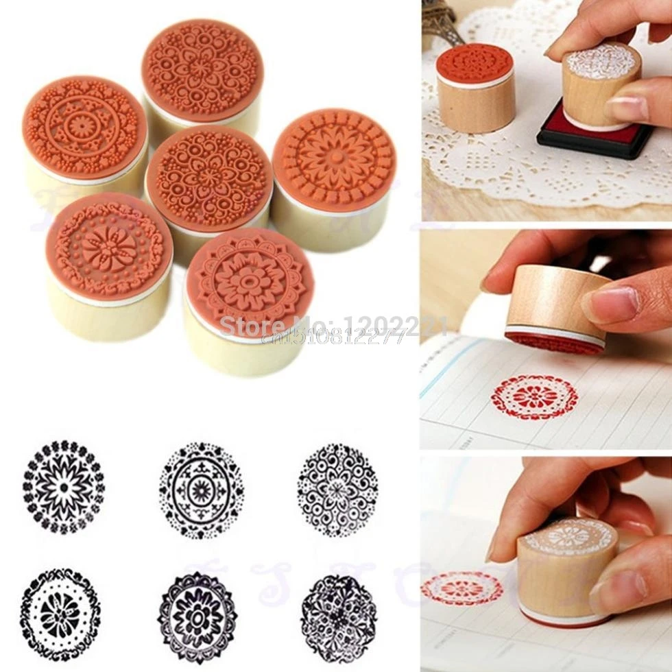 

Round Shape Wooden Assorted Vintage Floral Pattern Rubber Stamp Scrapbook 6pcs