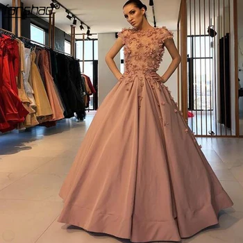 

Champagne Ball Gown Muslim Evening Dress Taffeta 3D Flower Illusion Islamic Dubai Saudi Arabic Long Evening Gown Long Prom Dress
