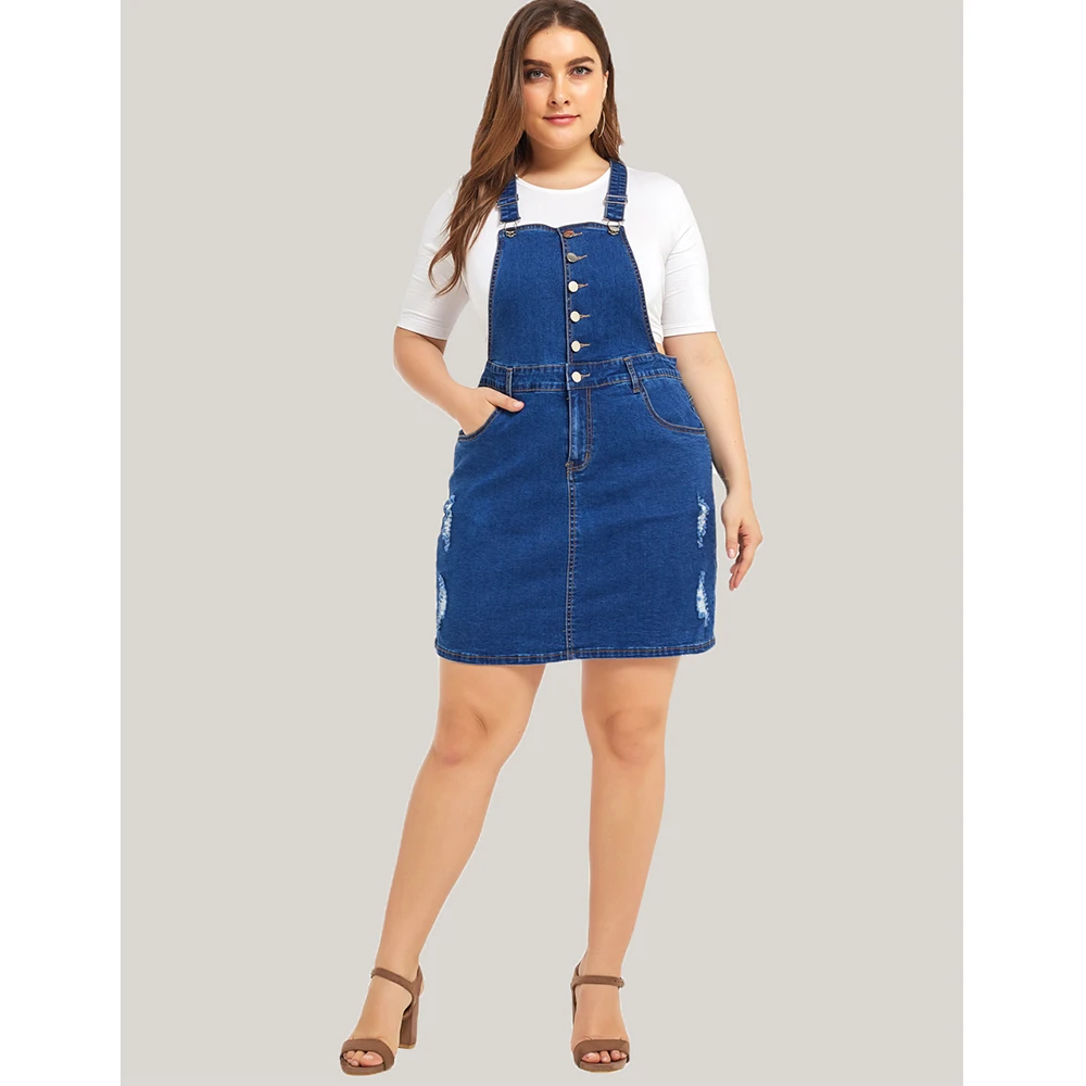 

Plus Size Women Dress Overalls Casual Ladies Ripped Denim Dresses Fashion Loose Suspender Female Dress Women Streetwear 5XL H40