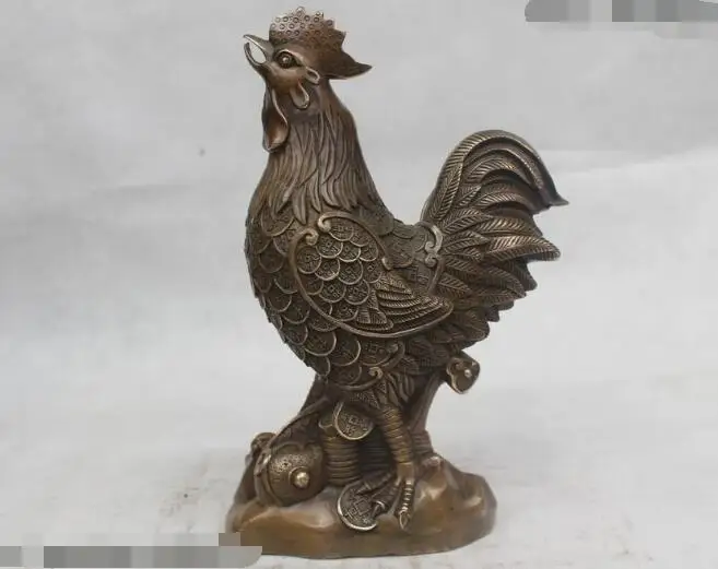 

S02830 11"Chinese Folk Pure Bronze excellent Lucky Money drawing rooster Statue