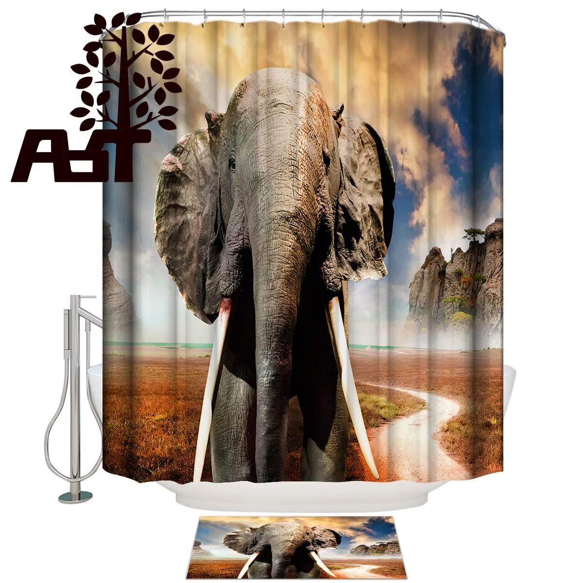Art Store Animal Elephant Africa Gorge Beast Nature Shower Curtain Bath Sets With Rugs Bathroom Mat | Дом и сад