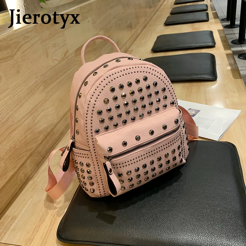 JIEROTYX New Arrival Preppy Leisure Backpack Womens Casual Daypacks Women Soild Zipper Rivet Shoulder Bags Soild Hot Sale