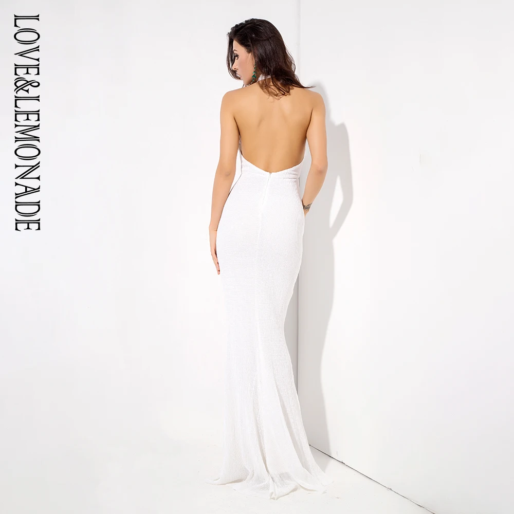 Love& Lemonade белый воротник с открытой спиной складные эластичные платья макси с блестками LM1050