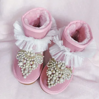 

Classic ladies leather snow boots custom beaded rhinestones perfect sweet princess lace plus velvet warm pink snow boots.