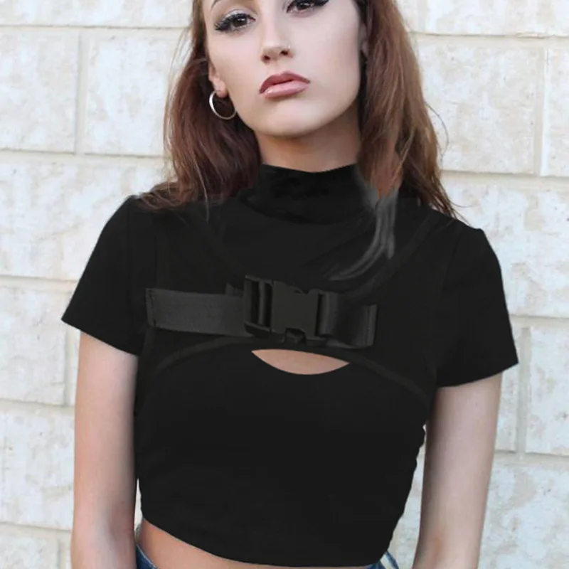 

hollow out women t shirts 2019 summer cotton buckles black streetwear o neck short sleeve women T-shirt female Tshirts