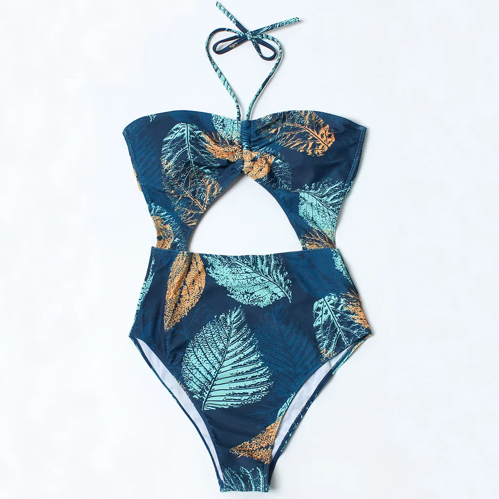 

New Siamese Bikini Cutout Sexy Swimsuit Backless Sling Solid Color 2019 Summer Beach Women's Tight Fit Set 4sg