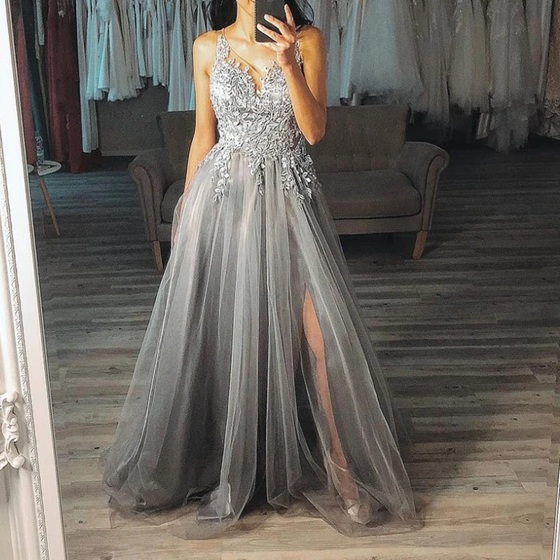 

Summer Holiday Cocktail Fashion Ladies Gray V-neck Sling Open Back Dress