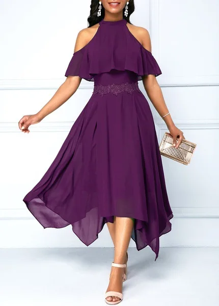 5XL размера плюс, женское длинное платье макси, лето, с блестками, на талии, с открытыми плечами, бохо, Пляжное Платье, элегантное, с оборками, праздничное платье vestidos - Цвет: Фиолетовый