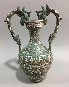 

Warring States bronze hand-made silver plating Double dragon vase Decoration