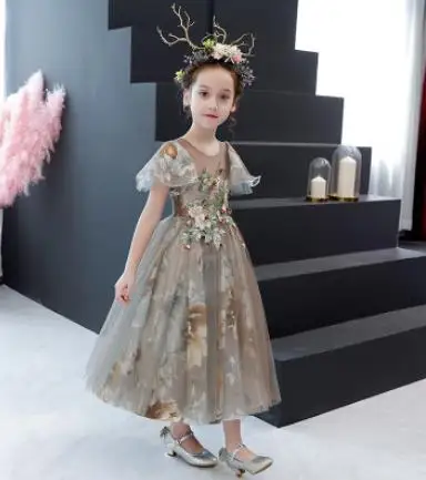 Детские платья принцессы с цветочным рисунком для детей 4 лет; vestidos meninas festa; коллекция года; сезон лето - Цвет: Коричневый