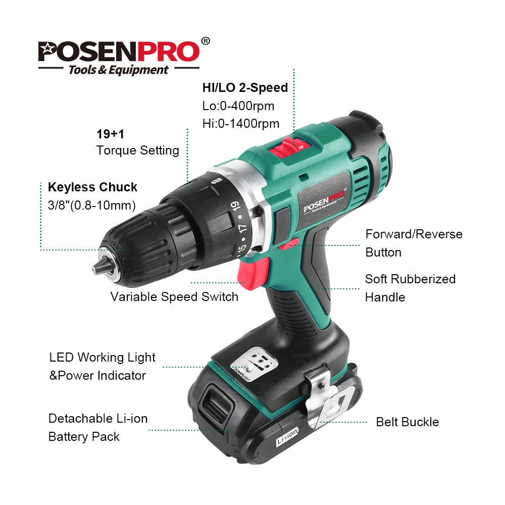 POSENPRO 18В 45нм DC литий ионный аккумулятор 3/8 дюйма 2 скоростная Электрическая