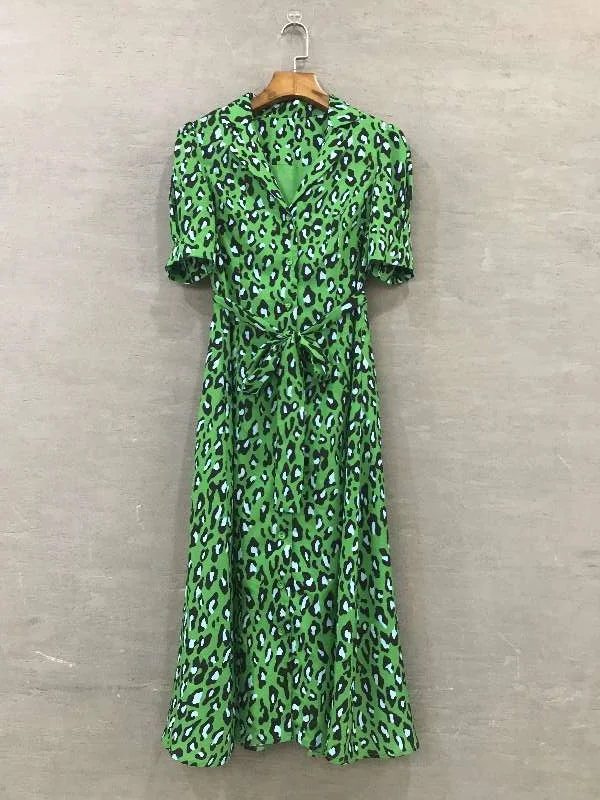 

Women's new 2019 spring animal leopard print dress mid-calf elegant vintage short sleeve shirt dresses green