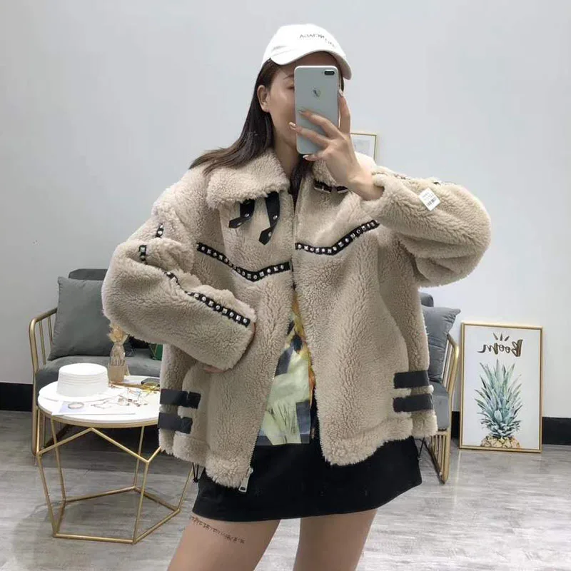 Manteau femme hiver шуба мото и Байкерская зимняя женская овечья меховая парка плюс размер замшевая кожаная куртка бриллианты короткая одежда