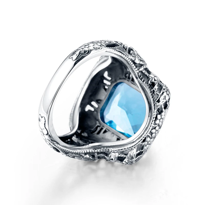 Szjinao Luxury Brand Aquamarine Samurai Ring Bohemian Rock Square Concave Solid 925 Sterling Silver Antique Engagement Jewelry