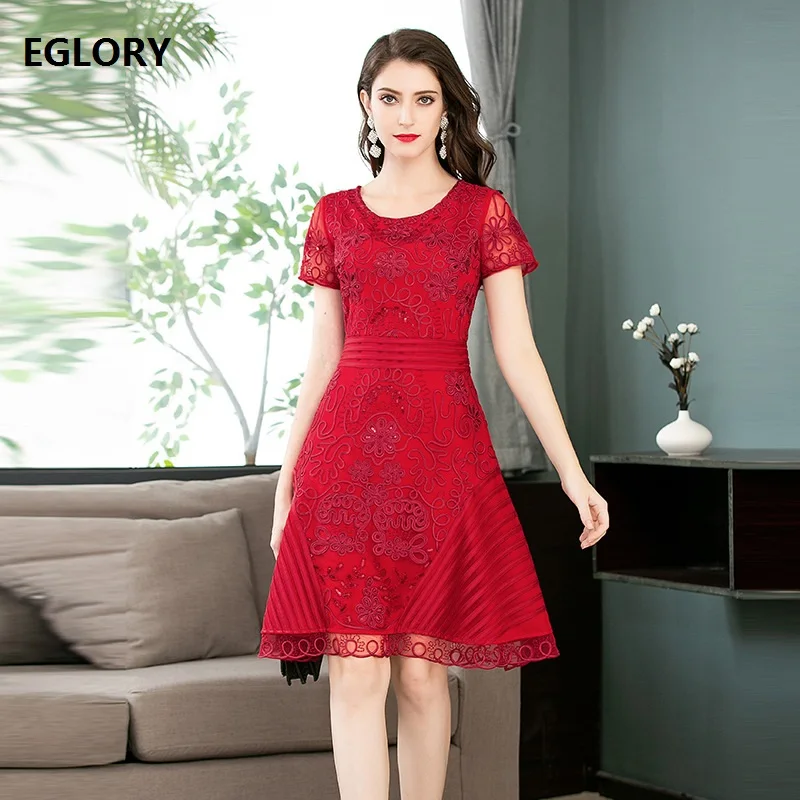 

Vestidos De Fiesta 2019 Spring Summer Party Elegant Women Dresses O-Neck Hollow Out Embroidery Slim Fit & Flare Dress Pink Red