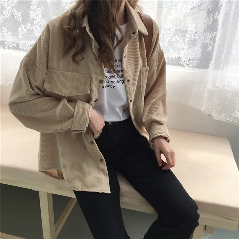 

2018 Autumn Women Loose Shirts Blouses Korean Solid Blouse Long Sleeve Pockets Corduroy Blouses Women Tops Outwear Femme Coats