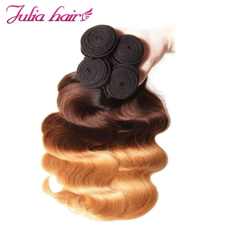 Ali Julia волос бразильское Омбре волосы объемная волна 3 пучка человеческие волосы сотканые, T1B/4/27 цветные волосы Реми для наращивания из двойной уточной нити