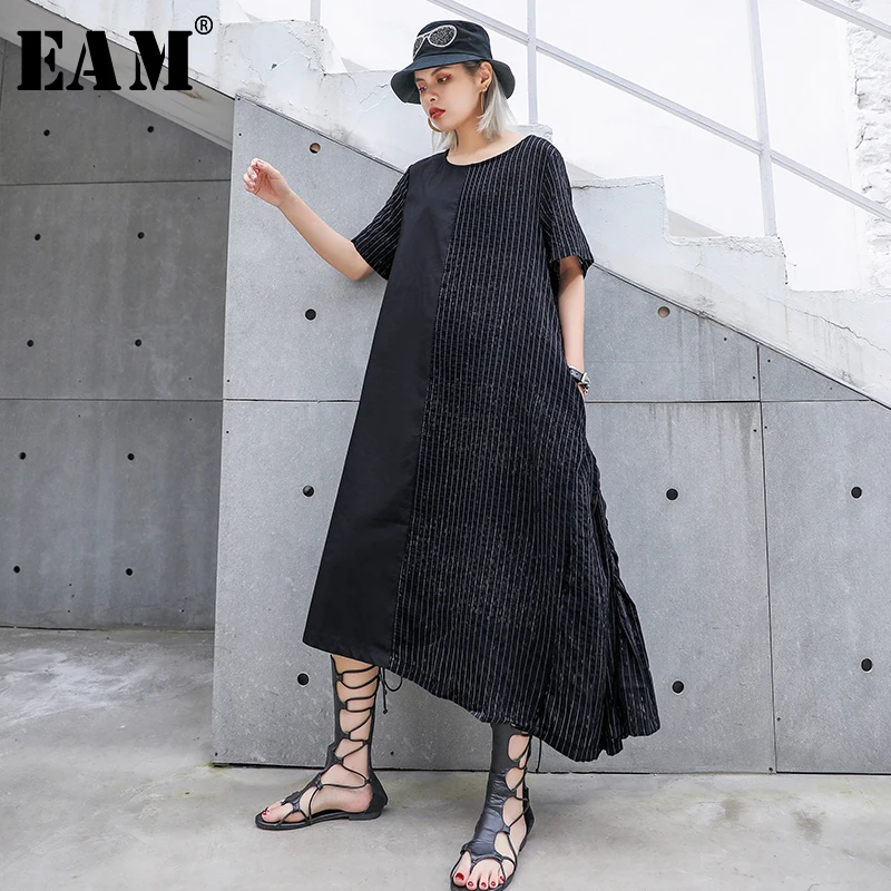 

[EAM] 2019 New Spring Summer Round Neck Short Sleeve Black Striped Split Joint Irregular Temperament Dress Women Fashion JU642