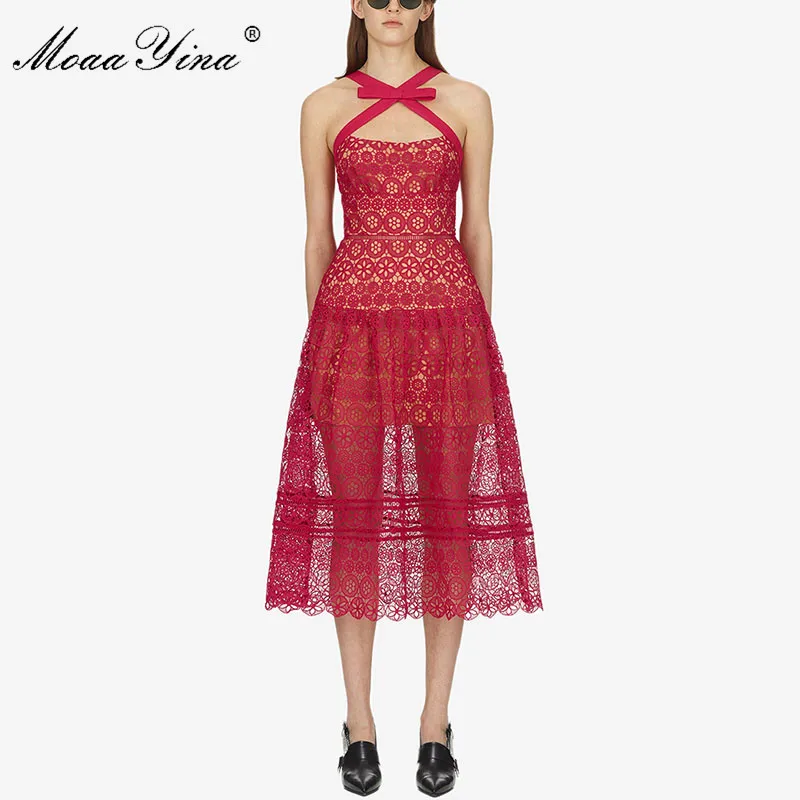 

MoaaYina Sexy Party Backless Spaghetti Strap Dress Spring Summer New Lace Hollow Out Dot Halter Red dress