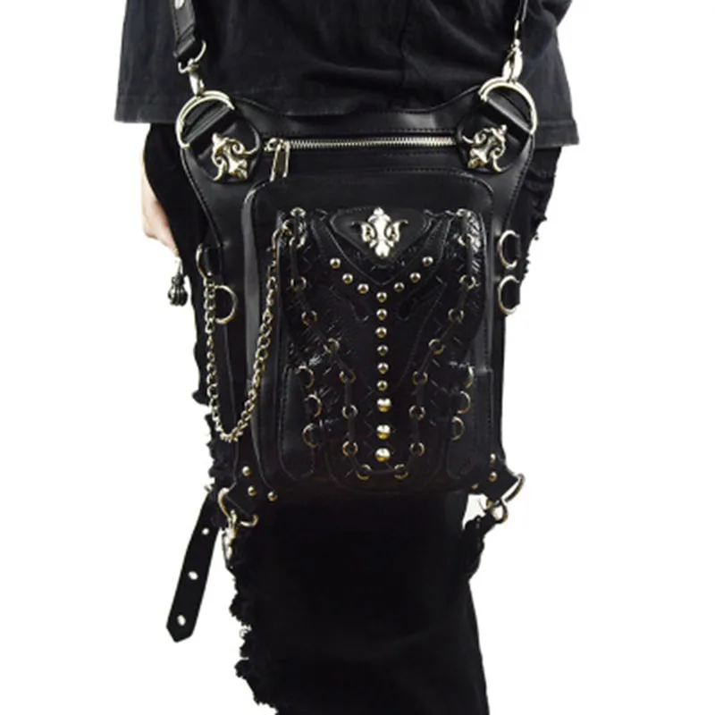 

2019 New Fashion Black Gothic Steampunk Skull Bag Retro Rock Bag Men Shoulder Bag Phone Case Holder Leg Men Messenger Waist Bags