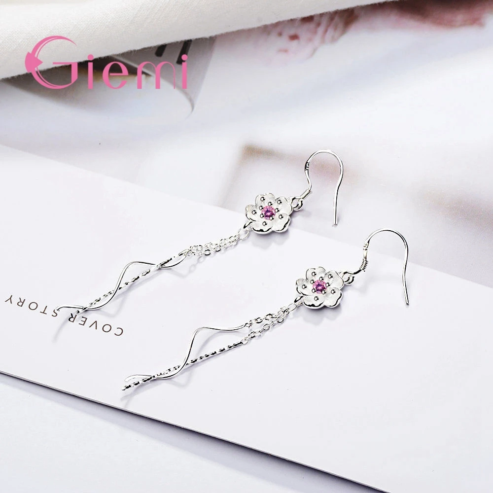 New Arrival Long Earrings 100% 925 Sterling Silver High Quality Pink Cubic Zirconia Pretty Flowers Shape For Women Jewelry