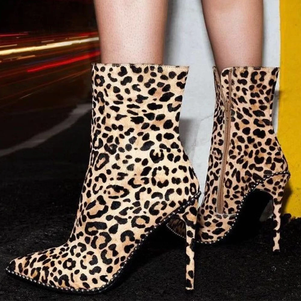 

Fashion big size 42 top quality leopard thin high heels pointed toe shoes woman sexy party autumn ankle boots women shoes boots