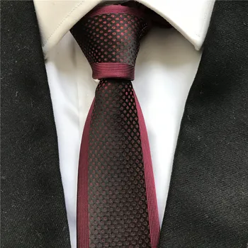 

Designer Young Men Skinny Slim Tie Unique Party Wedding Necktie Burgundy Wine Spots with Plaids Pattern