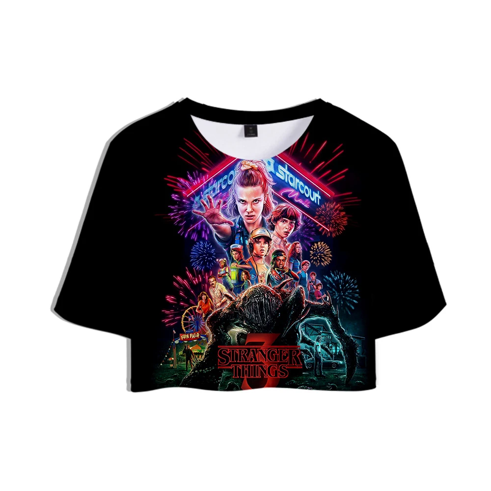 

2019 American Horror TV series Stranger Things New 3D Print Tops Crops Girl t-shirt Short T shirt Women Sexy Sale Casual Clothes