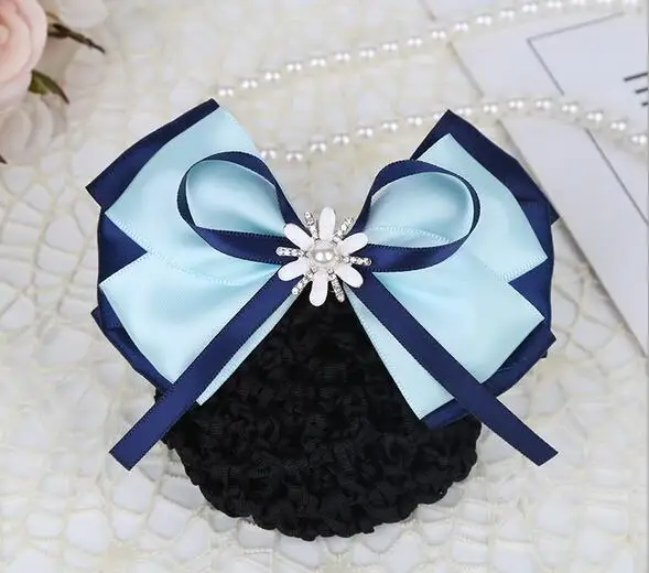 

Popular Sale Satin Bow Rhinestone Barrette Work Lady Hair Clip Cover Elegant Pearl Bowknot Net Bun Snood