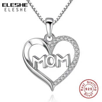 

ELESHE Authentic 925 Sterling Silver Crystal Love MOM Pendant Necklace Adjustable Chain Necklace For Women Mother's Day Gift