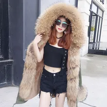 Korean 2017 New Women Fashion Large Natural Raccoon Fur Hood Cuff Army Green Thick Coats Parkas Female Casual Oversize Outwear
