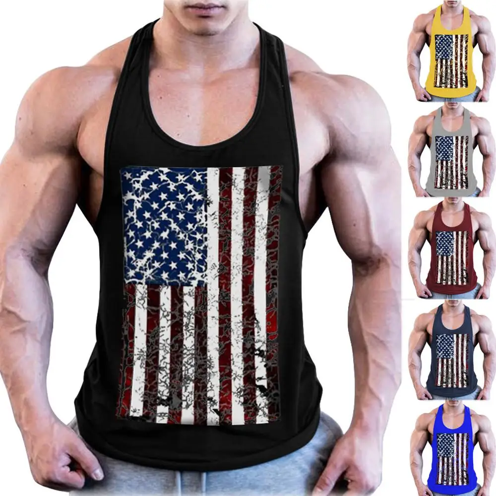 

Breathable Men's Muscle Sleeveless Tank Top American Flag Printed Male Fitness Bodybuilding Vest Gym Sport Singlet Shirt Tee