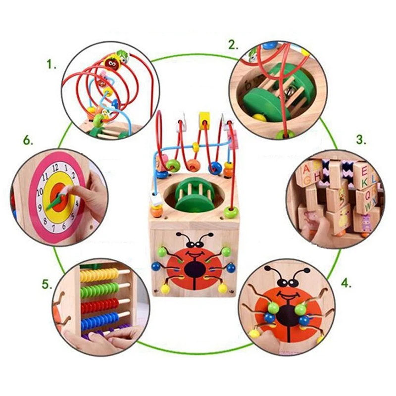 Multi Function 6 In 1 Wooden Math Around Bead Maze Letters Recognition Abacus Clock Learning Educational 5