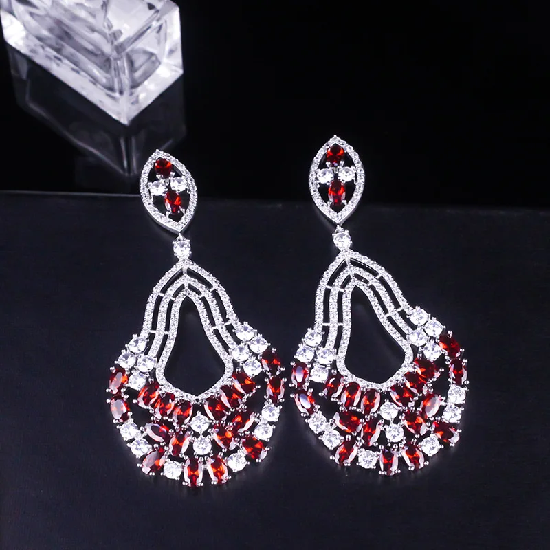 

Red Color CZ Crystal Flower Sparkling luxury fashion AAA Cubic Zirconia earrings for women,high quality jewelry for wedding
