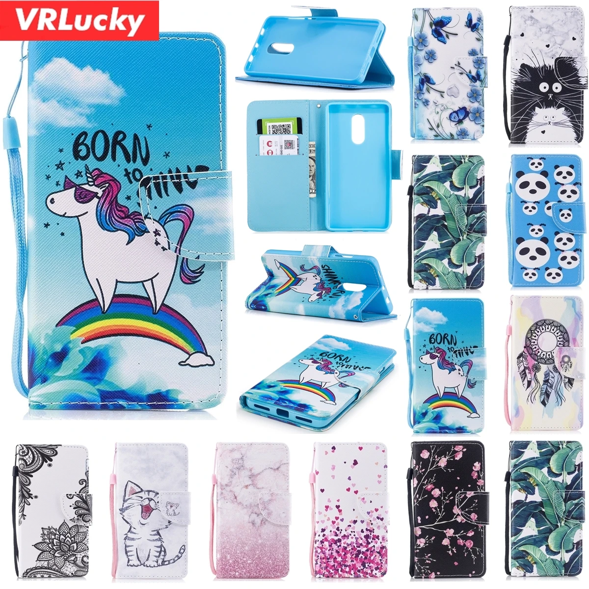 VRLucky Wallet PU Leather Phone Case With Flip Cover Stand Unicorn and Cat Patterns Series For Redmi 4X 4A 5 5A Note 4/4X | Мобильные