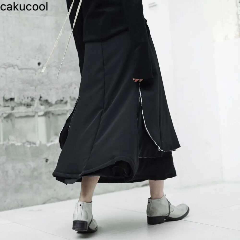 Cakucool новая юбка для женщин осень Высокая талия Свободные слои StitchMidi длинные юбки японский дизайнер Минимальный готический черный хлопок лен