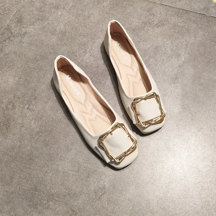 

EOEODOIT 2019 Spring Summer Casual Flats Square Toe Metal Buckle Decoration Flat Heel Lady Soft Comfort Flat Heel Sneakers Shoes