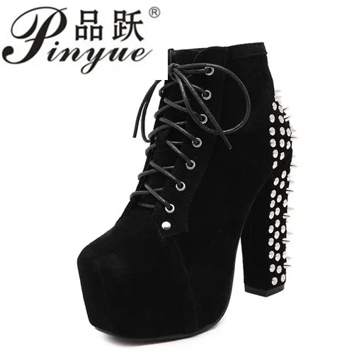 

Fashion Rivet Ankle Boots High Heels Women Spring Autumn Lacing Sexy Party Shoes Ladies Motorcycle Boots Big Size 41