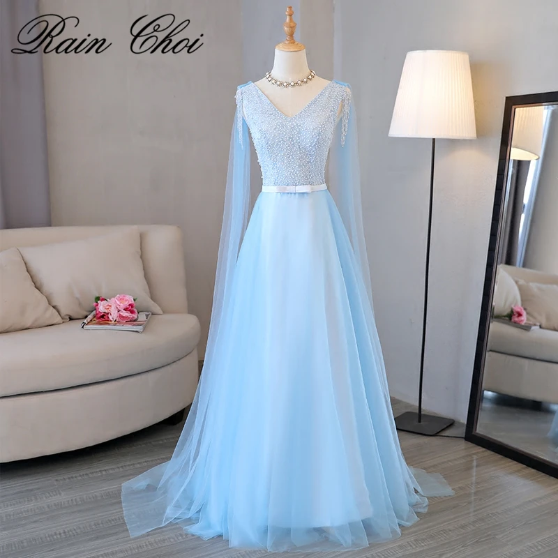 

Robe de fille d'honneur A Line Sky Blue Bridesmaid Dresses 2019 Sexy V Neck Prom Dress Party Gowns With Sash