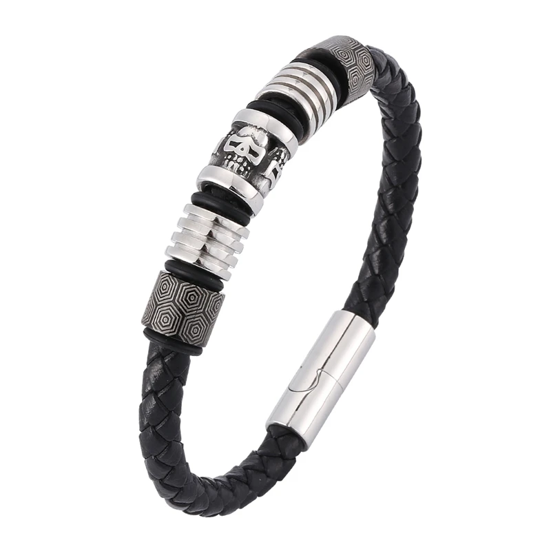 

Fashion Braided Leather Men Bracelet Stainless Steel Magnet Clasp Vintage Skull Jewelry Punk Wristband Gift Dropshipping SP0418