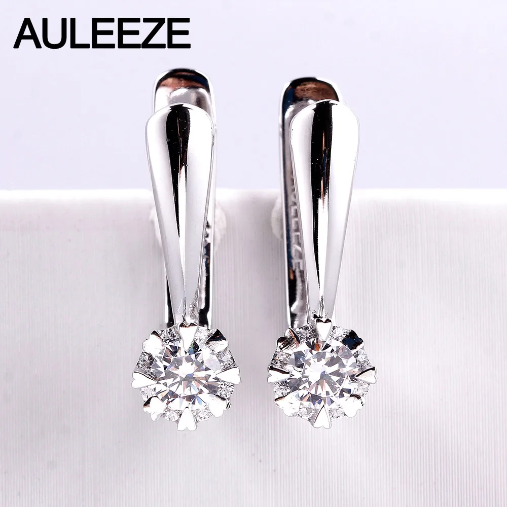 9k white gold AULEEZE, классические серьги с круглой огранкой из муассанита, бриллиантовые клипсы для женщин, серьги из белого золота 9 к, свадебные ювелирные изделия - Цвет камня: 9k white gold