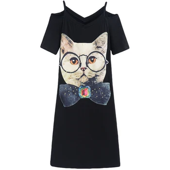 

Women Sweet Summer Shirt Dresses Cat Party Tee Printed Dress Sexy Striped