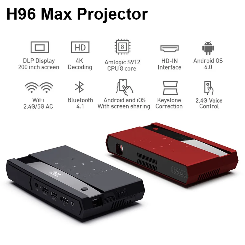 

H96 Max Mini DLP 4K Projecteur S912 8 Core CPU Android Home Video Theater Bluetooth HD-IN 5Ghz dual wifi TV box smart projector